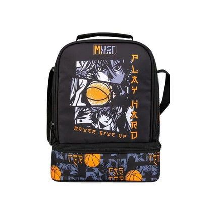 Insulated lunch bag, black with anime boy graphic, zip top, two-compartment design