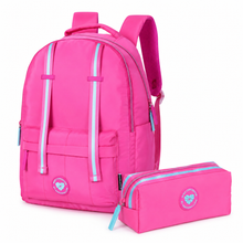 Pink backpack with front pockets and matching zip pencil case, adjustable straps