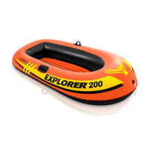 Orange and black inflatable boat with yellow graphics and built-in black seat