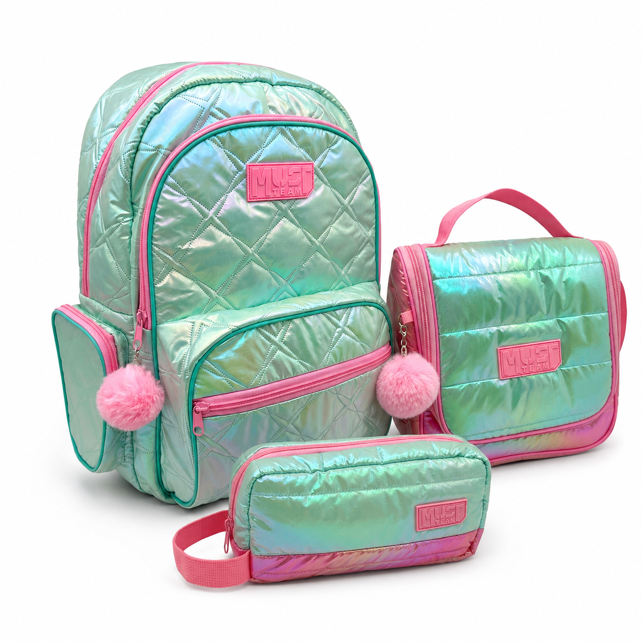 Kids school set with mint quilted backpack, matching crossbody and pencil case