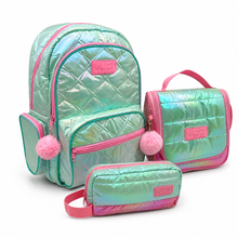 Kids school set with mint quilted backpack, matching crossbody and pencil case