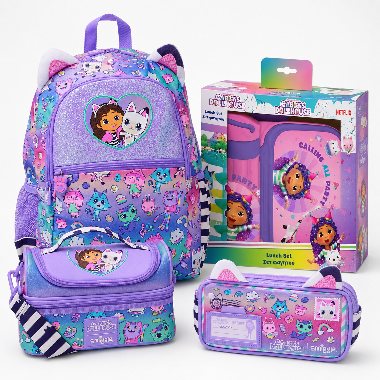 Kids' backpack and lunch box set, purple with Gabby's Dollhouse character prints
