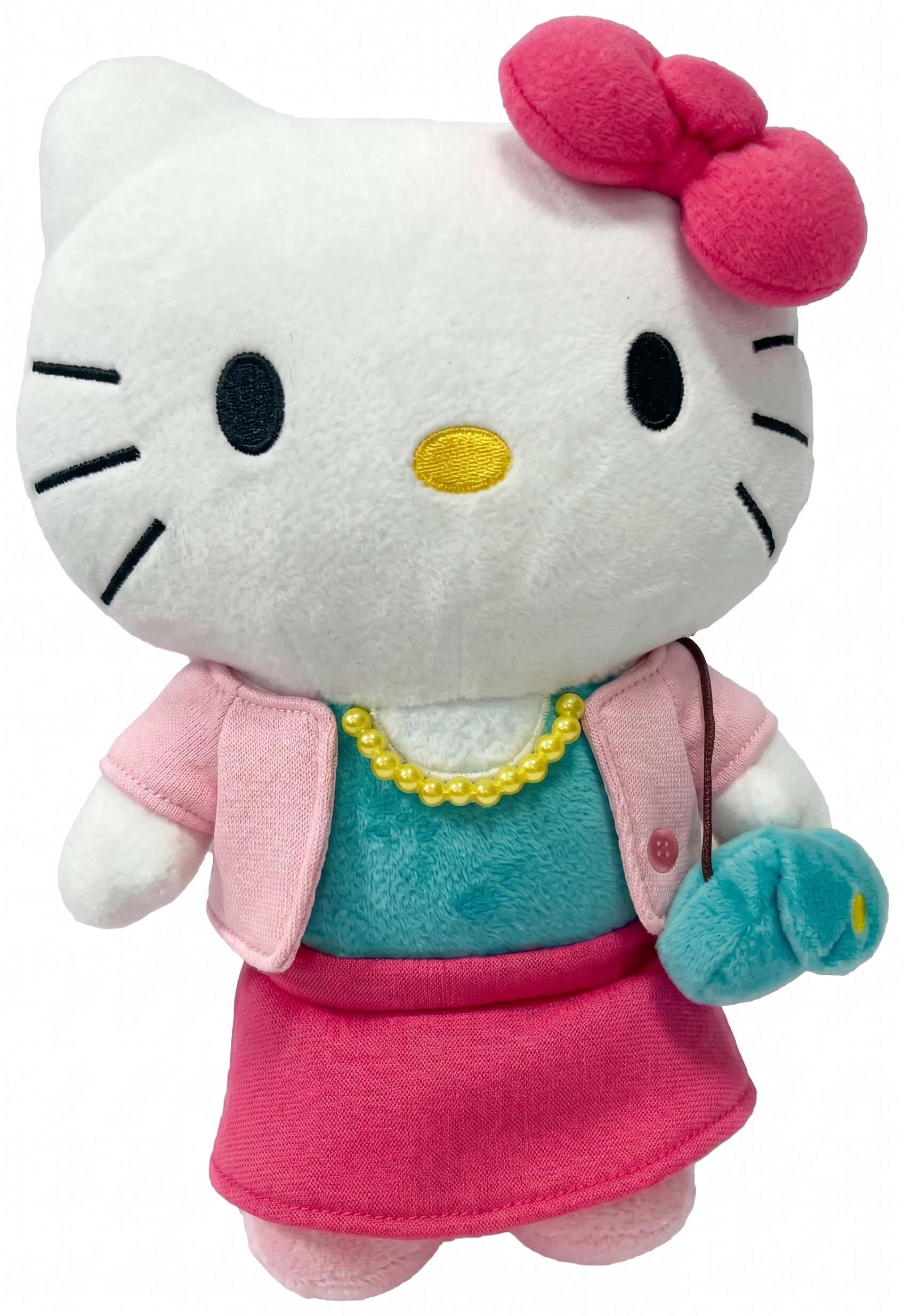 Plush fashion stylist character: white cat with pink bow, pearl necklace, teal dress, pink skirt.