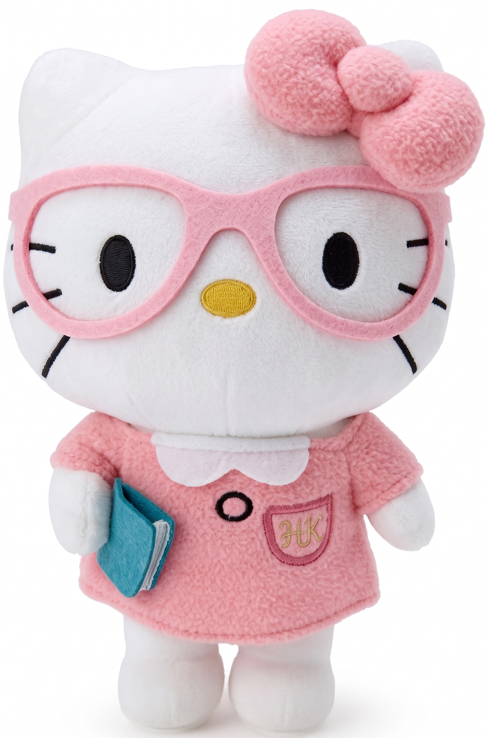 Plüschfigur „Teacher Time“ mit Brille, rosa Schleife und pinkem Kleid, ca. 25 cm