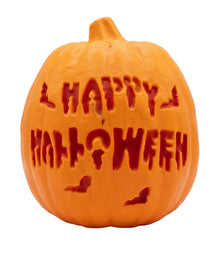 Orange jack-o'-lantern pumpkin decoration with Happy Halloween text and bats.
