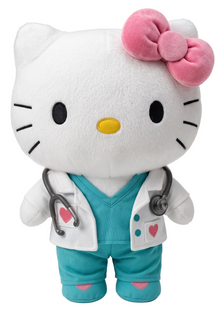 Career plush doctor 25cm: white cat plush with pink bow, teal scrubs, stethoscope