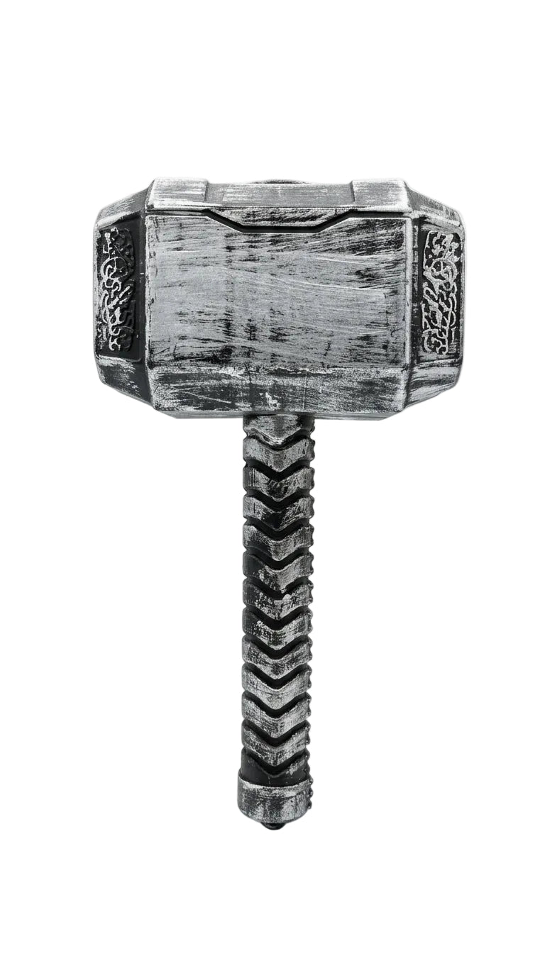 Silver-tone Halloween prop hammer with squared head and textured grip