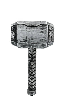 Silver-tone Halloween prop hammer with squared head and textured grip