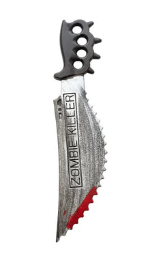 Zombie killer sword with serrated metal blade and clawed black hilt, red accent