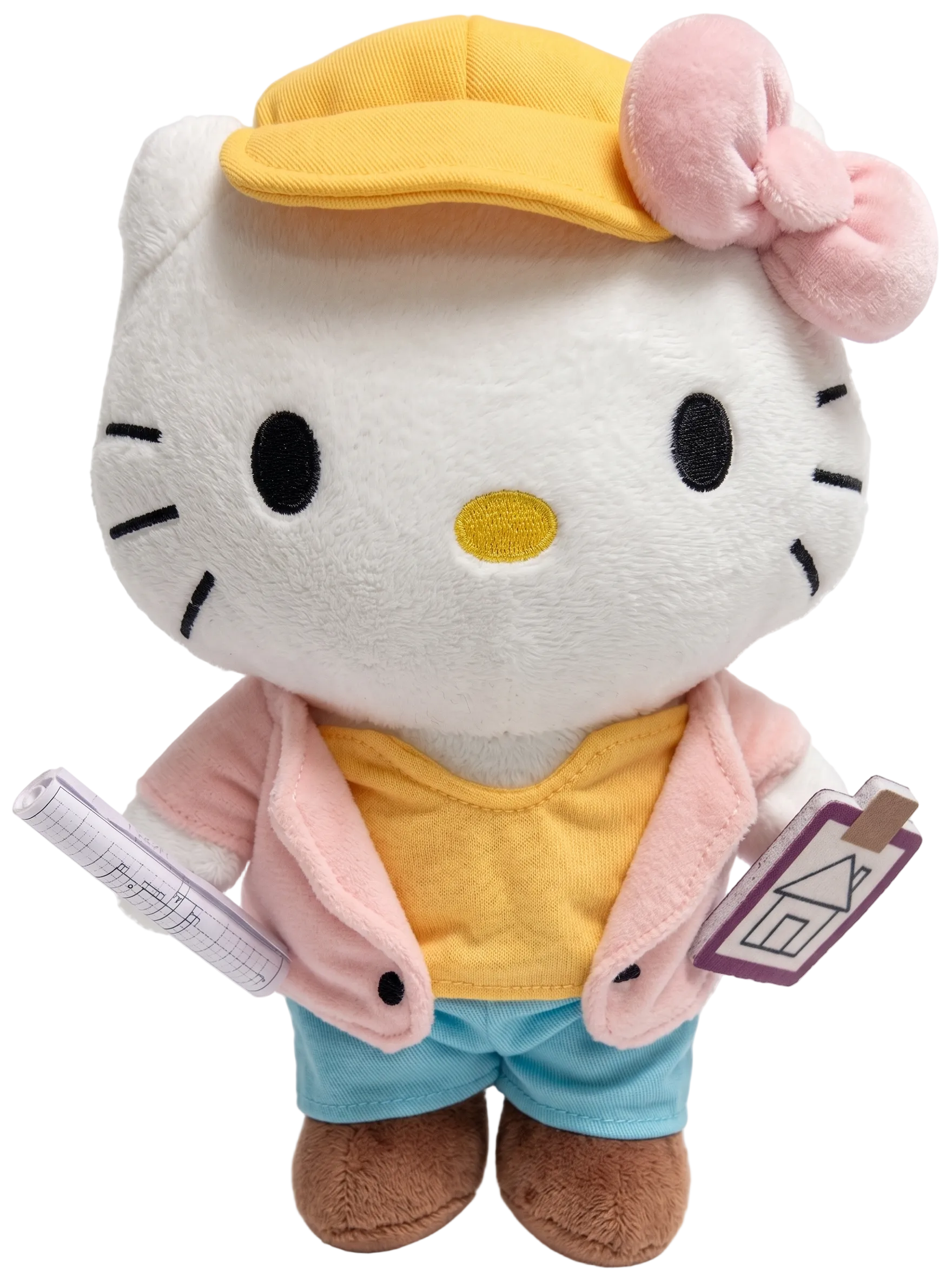 Plush architect character figurine with yellow cap, pink hoodie, yellow shirt, blue pants, brown shoes