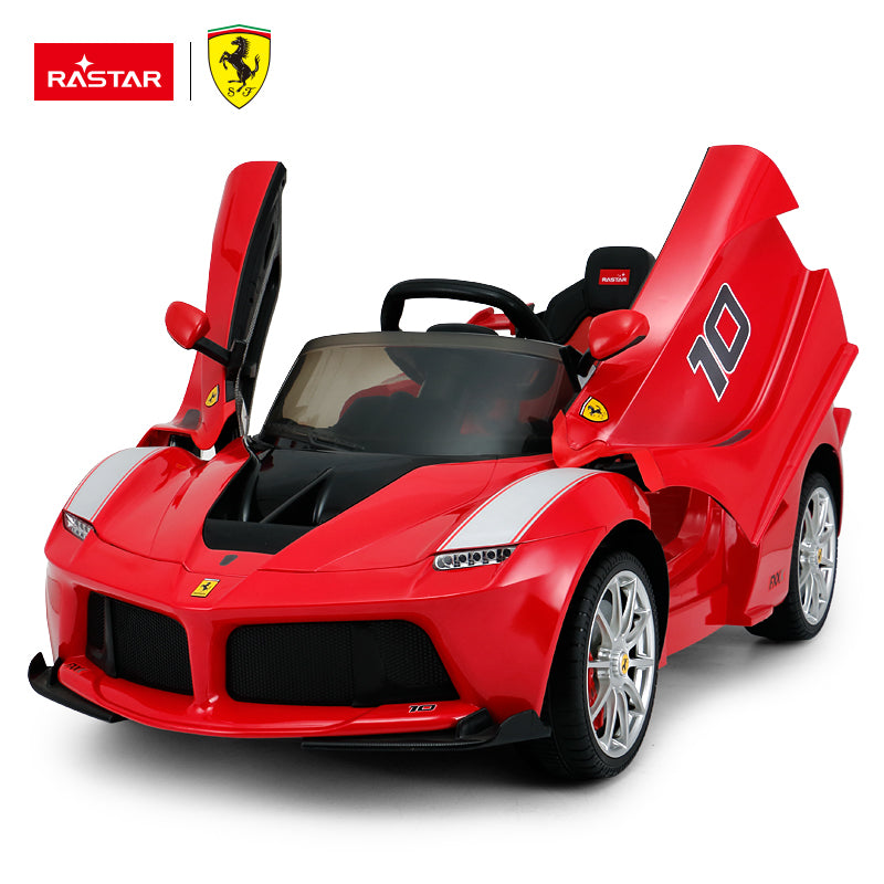 Kids ride-on sports car in red with white stripe, black grille, open front doors