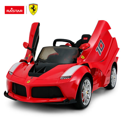 Kids ride-on sports car in red with white stripe, black grille, open front doors