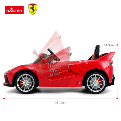Kids ride-on sports car in red with white racing stripe, open scissor-style doors