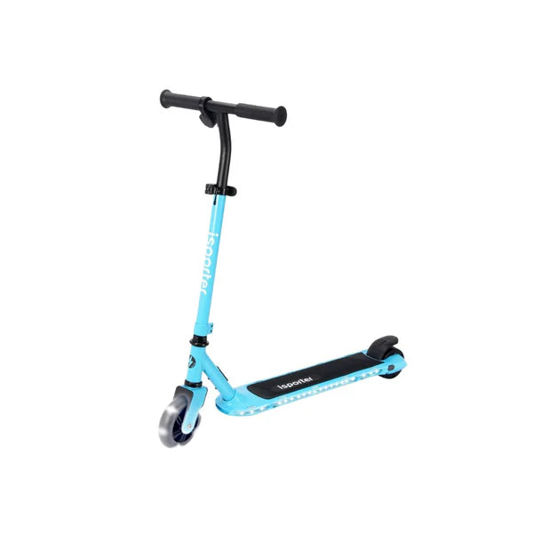 Blue iSporter Kid electric scooter with black handlebars and deck