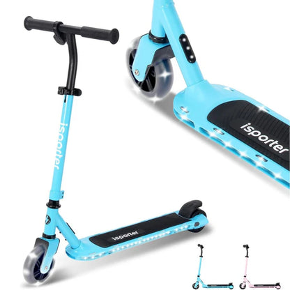 Blue kick scooter close-up: black grips, light-up deck, front wheel