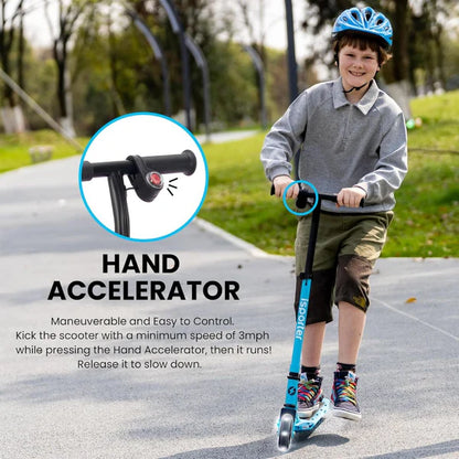 Blue kid electric scooter with hand accelerator control lever