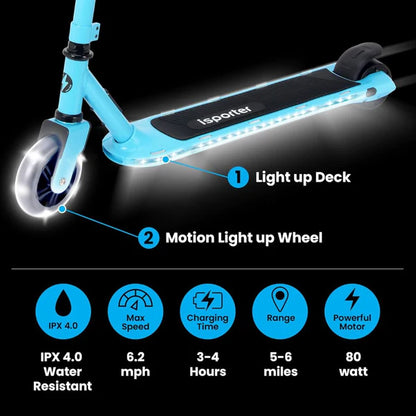Blue light-up deck and front wheel on iSporter Kid electric scooter
