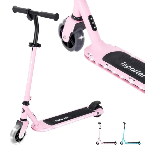 Pink kick scooter close-up: black deck pad, front wheel, light strip