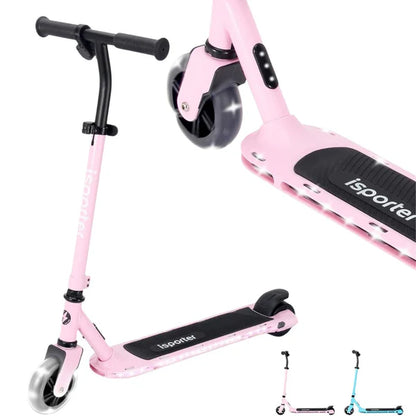 Pink kick scooter close-up: black deck pad, front wheel, light strip
