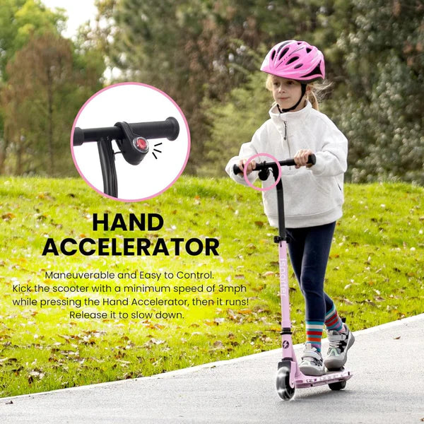 Pink kid electric scooter with hand accelerator control lever