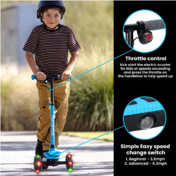 Blue 3-wheel electric scooter with throttle control and easy speed-change switch
