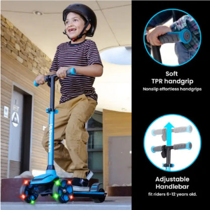 Blue 3-wheel electric scooter with soft TPR handlebar grips and light-up wheels