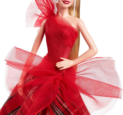 Barbie Signature Doll, 2024 Holiday Barbie Blonde Fashion Doll Wearing Gown with Plaid Skirt