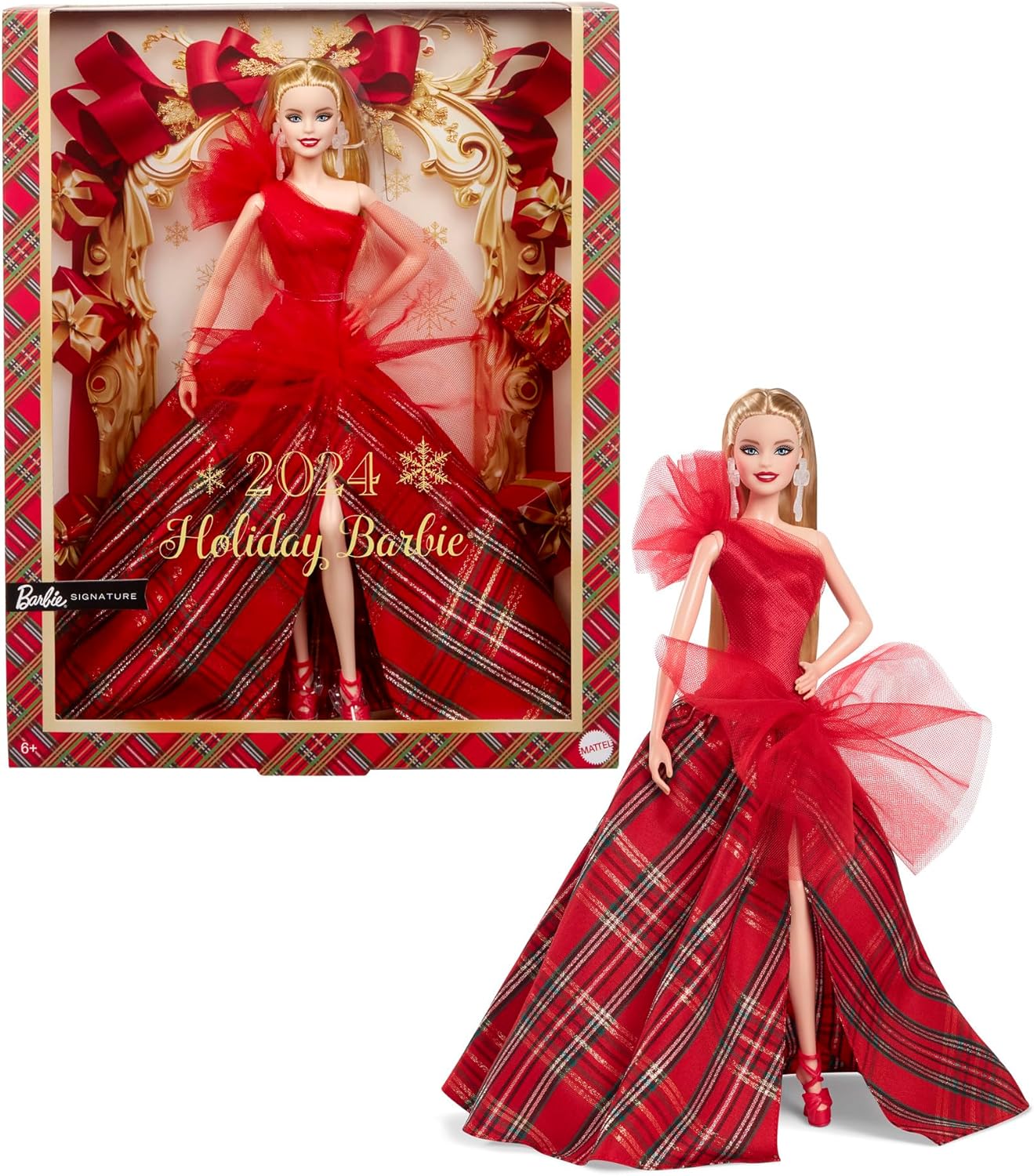 Mattel Barbie Signature Doll, 2024 Holiday Barbie Blonde Fashion Doll Wearing Gown with Plaid Skirt - The Toy Store, Best Toys in Lebanon