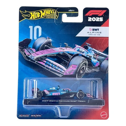 Hot Wheels Premium Formula 1 die-cast car #10 with Real Riders tires, blue and pink