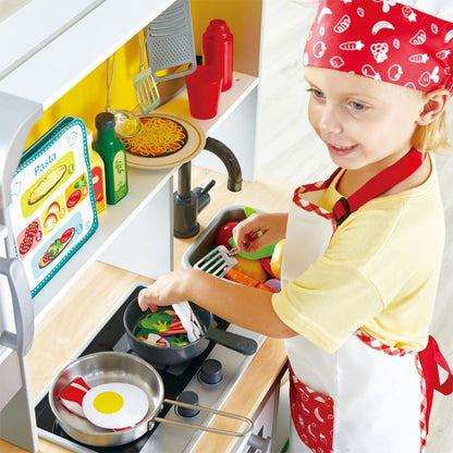 Deluxe toy kitchen playset with fan fryer stovetop and cooking pan