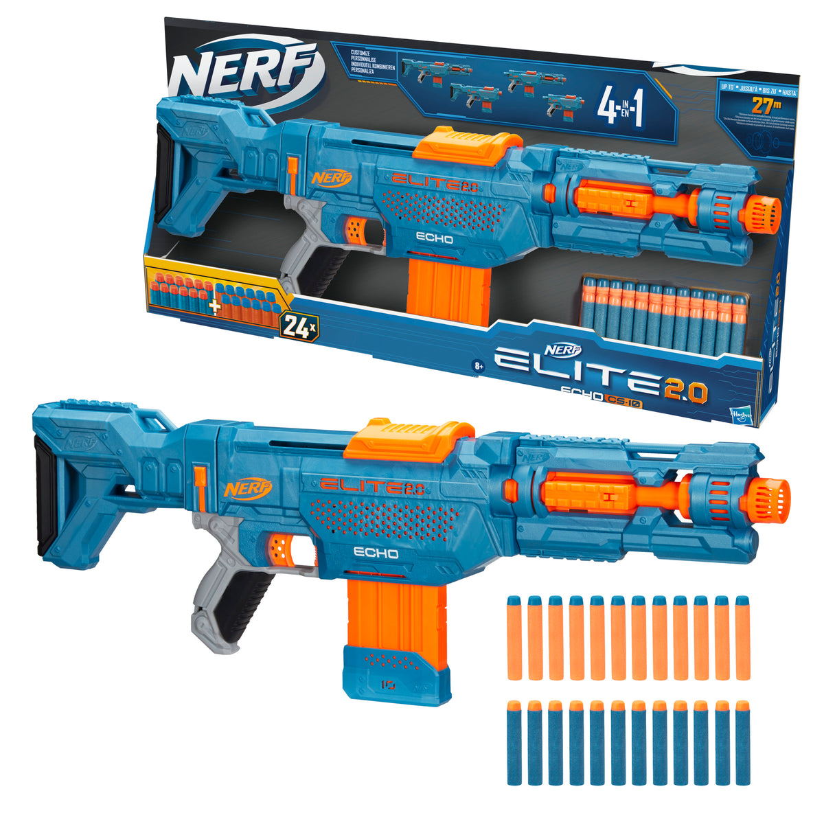 Nerf Elite 2.0 Echo CS-10 blaster with box and orange/blue foam darts