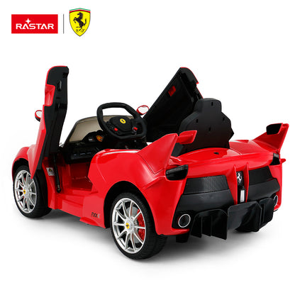 Kids ride-on sports car in red with black seats and steering wheel, open doors
