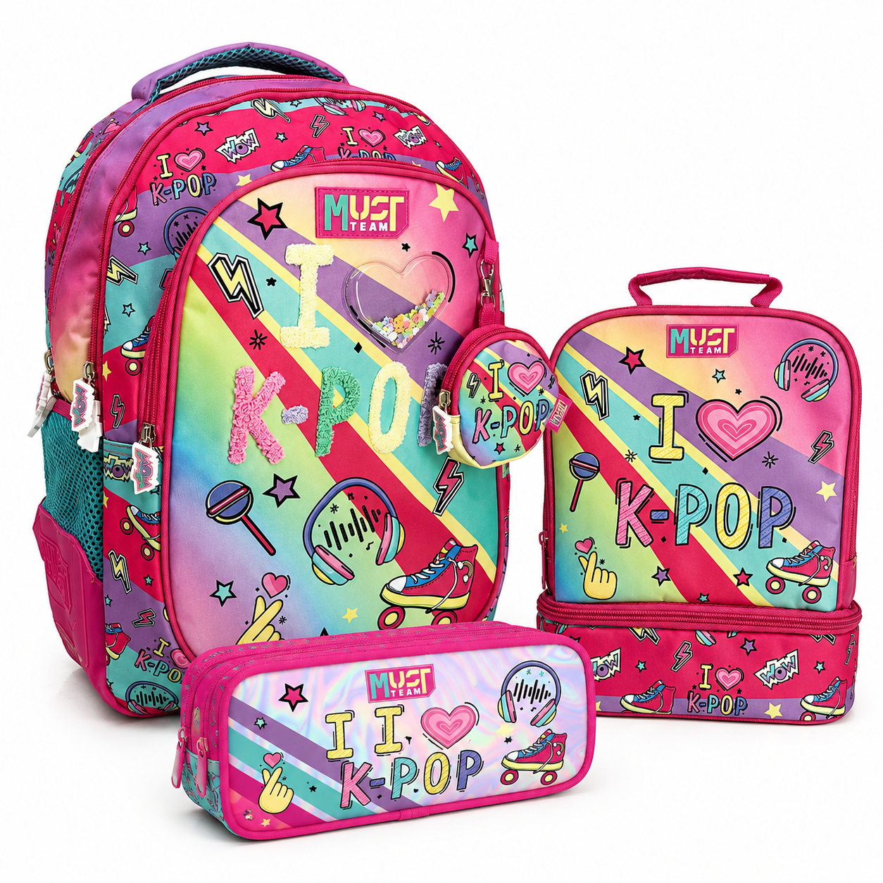 K-pop school set with pink backpack and matching pencil case and lunch bag