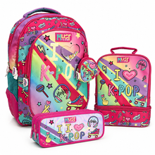 K-pop school set with pink backpack and matching pencil case and lunch bag