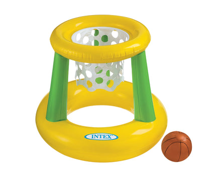 Yellow floating hoop water toy with green support legs and mesh basketball basket