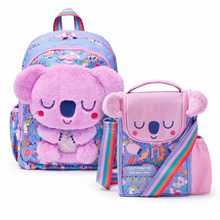 Koala plush backpack set: two kids backpacks with rainbow straps and character faces