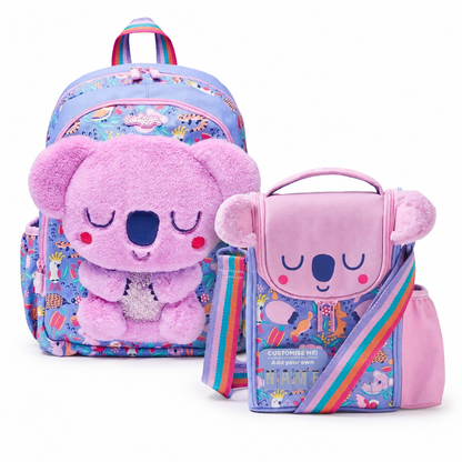 Koala plush backpack set: two kids backpacks with rainbow straps and character faces
