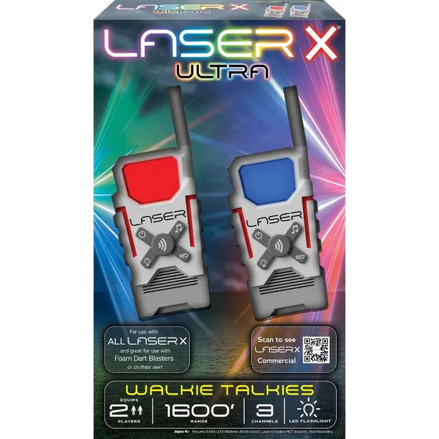 Multicolor 2-pack walkie-talkie packaging box showing two radio units and features