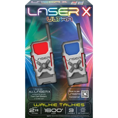 Multicolor 2-pack walkie-talkie packaging box showing two radio units and features