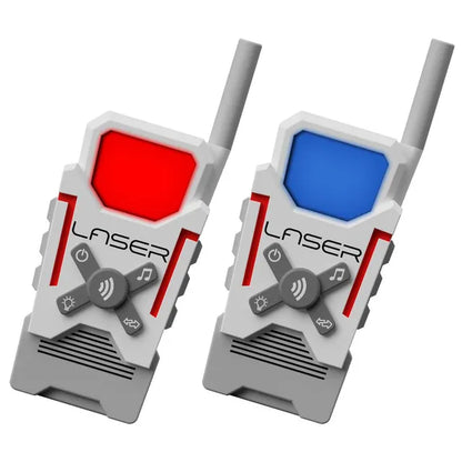 Two handheld walkie-talkies, gray body with red and blue displays, long antennas