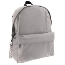 Grey monochrome backpack with front zip pocket and must branding