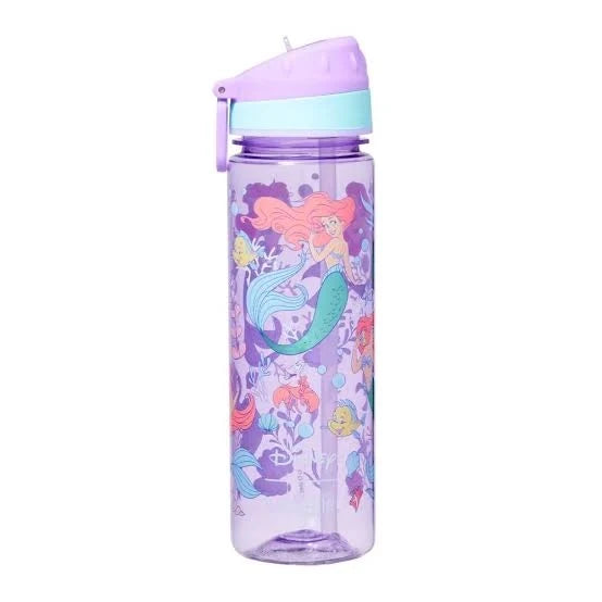 Smiggle mermaid water bottle with purple cap, mint rim, and cartoon mermaid print