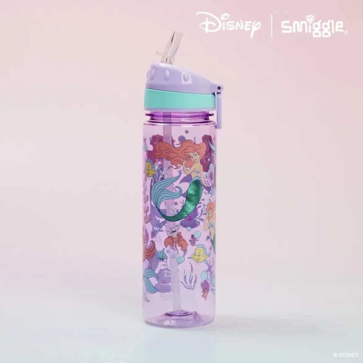 Smiggle mermaid water bottle, clear body with straw and purple mint lid