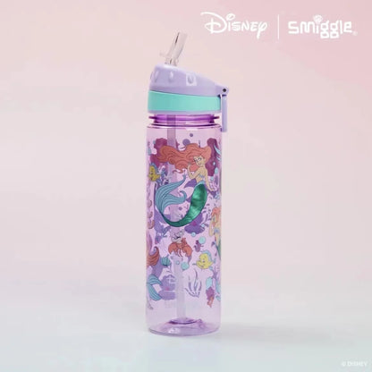 Smiggle mermaid water bottle, clear body with straw and purple mint lid