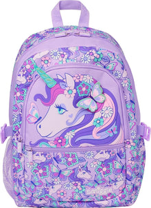 Smiggle 17-inch unicorn backpack in lavender with colorful floral and butterfly print