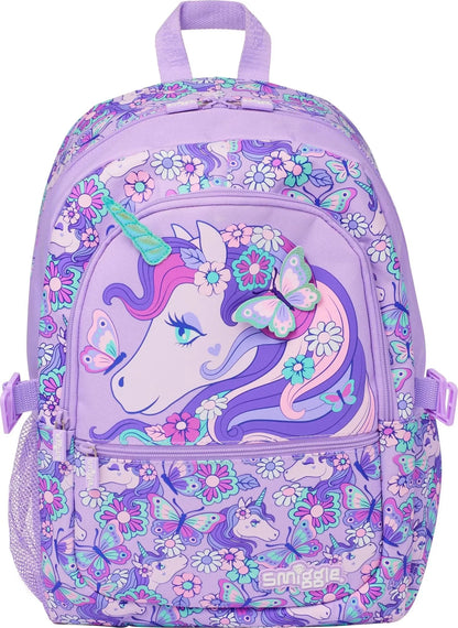 Smiggle 17-inch unicorn backpack in lavender with colorful floral and butterfly print