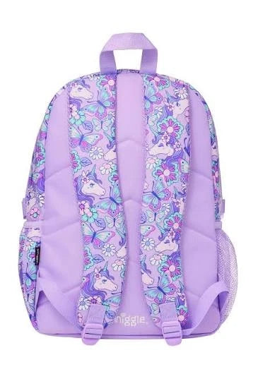 Smiggle 17-inch unicorn backpack back view, lavender with padded straps and allover print