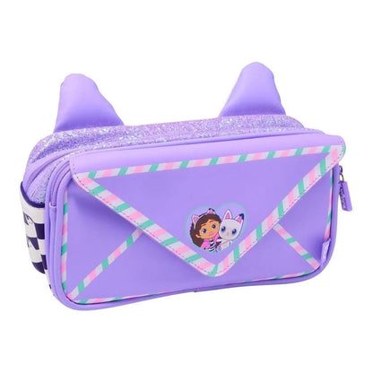 Purple pencil case with glitter top, striped flap, cartoon character patch, side view