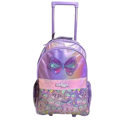 Smiggle 18-inch butterfly trolley backpack, purple front with butterfly graphic and wheels