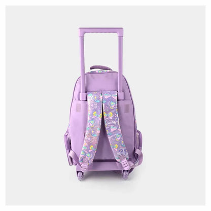Smiggle 18-inch butterfly trolley backpack, purple back with straps, folding handle and wheels